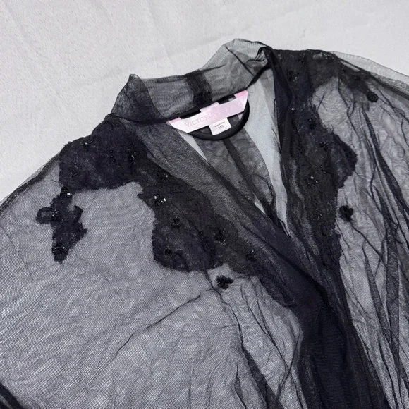 Victoria’s Secret long, sheer, black mesh tulle and lace peignoir robe M/L - Picture 8 of 8